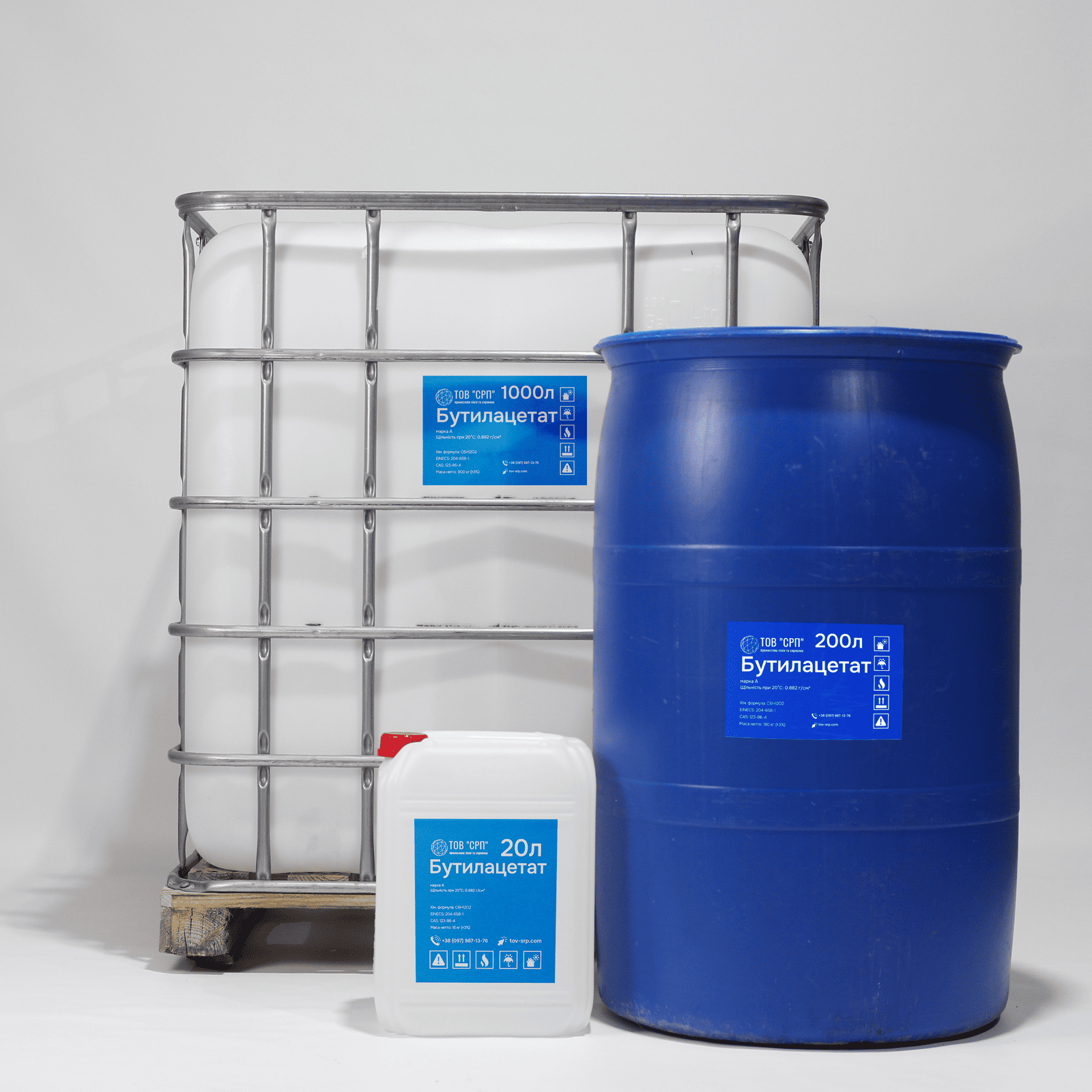 Етикетка продукту: бутилацетат, високоякісний хімічний розчинник. Ємності для рідин